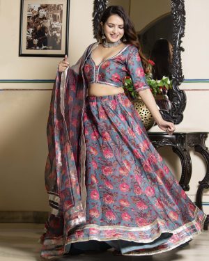Grey Chanderi Floral Print Lehenga Set