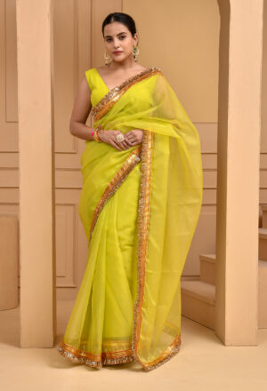 Lime Organza Saree with Intricate Gota Work