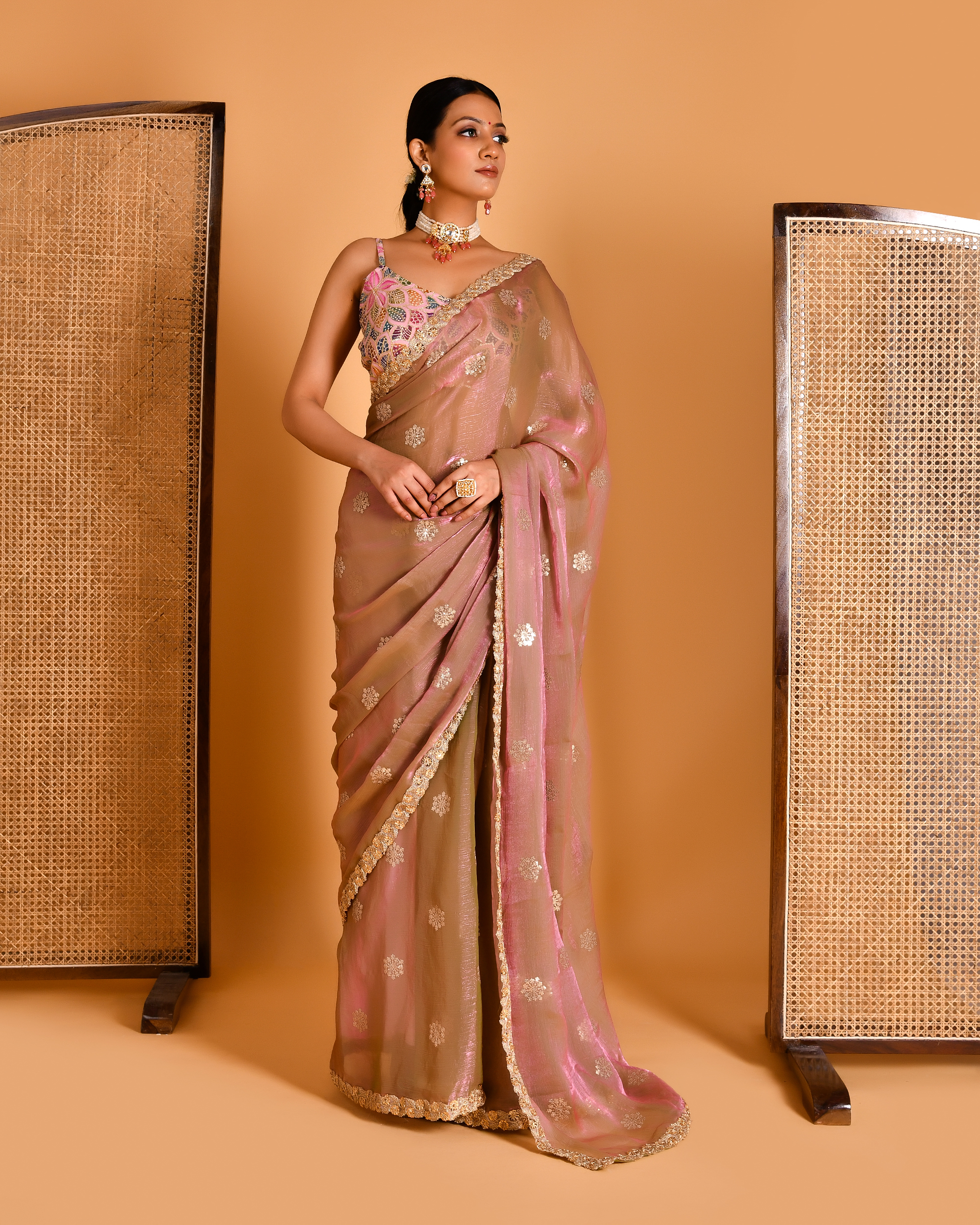 Dusty rose pink tissue organza saree in Golden Muslin by Priyanka Rathore with sequin motifs and lace detailing