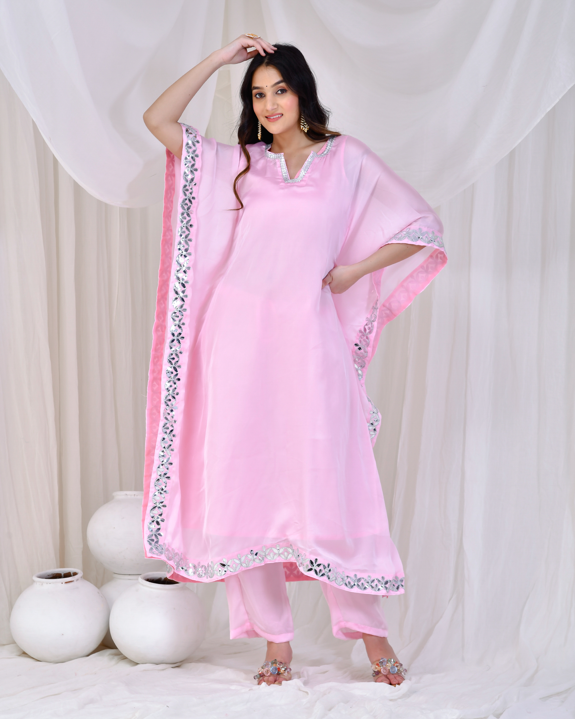 Golden Muslin pink satin silk kaftan set with gota patti detailing by Priyanka Rathore