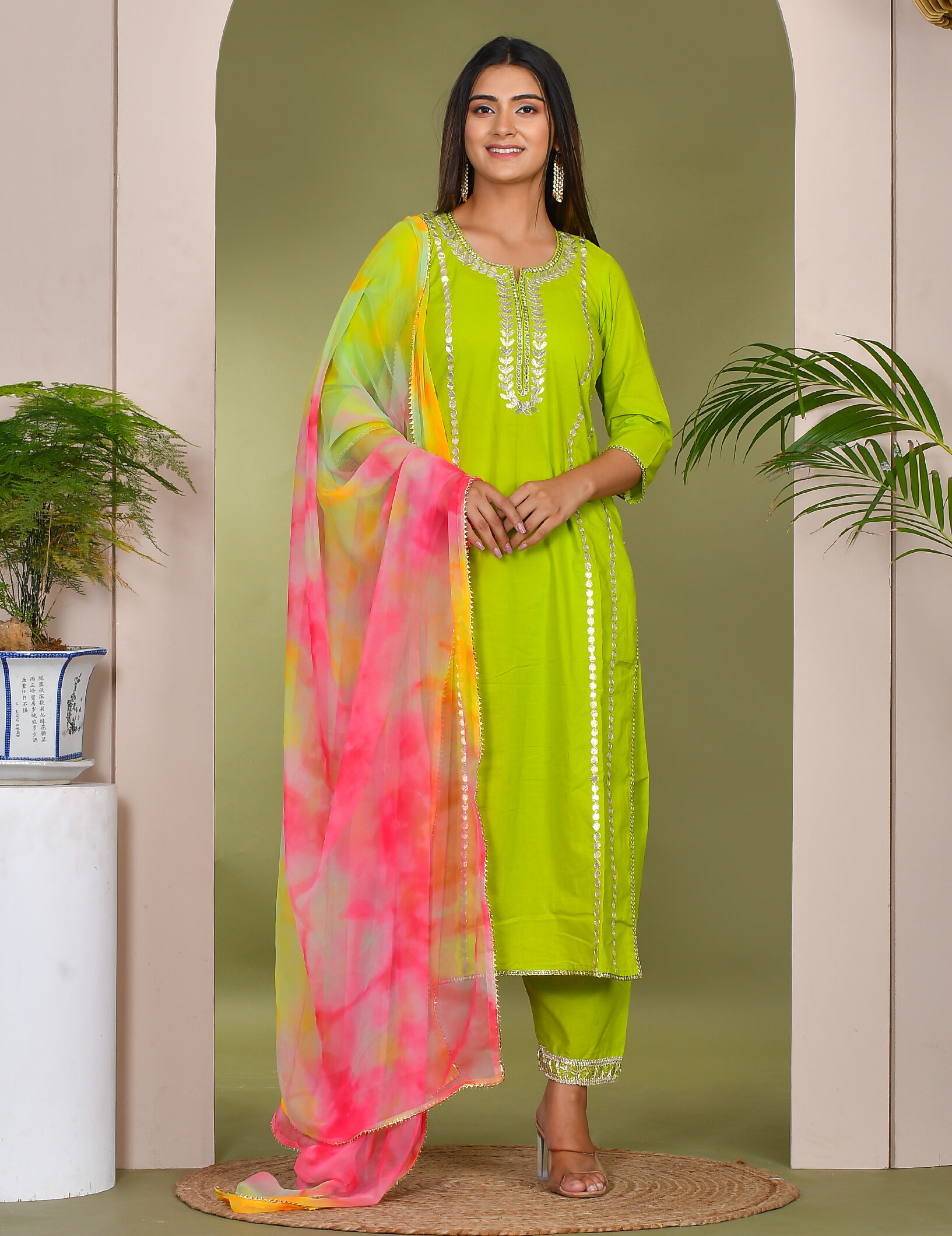Lime green cotton suit set in Golden Muslin by Priyanka Rathore with gota patti work and multicolour georgette dupatta