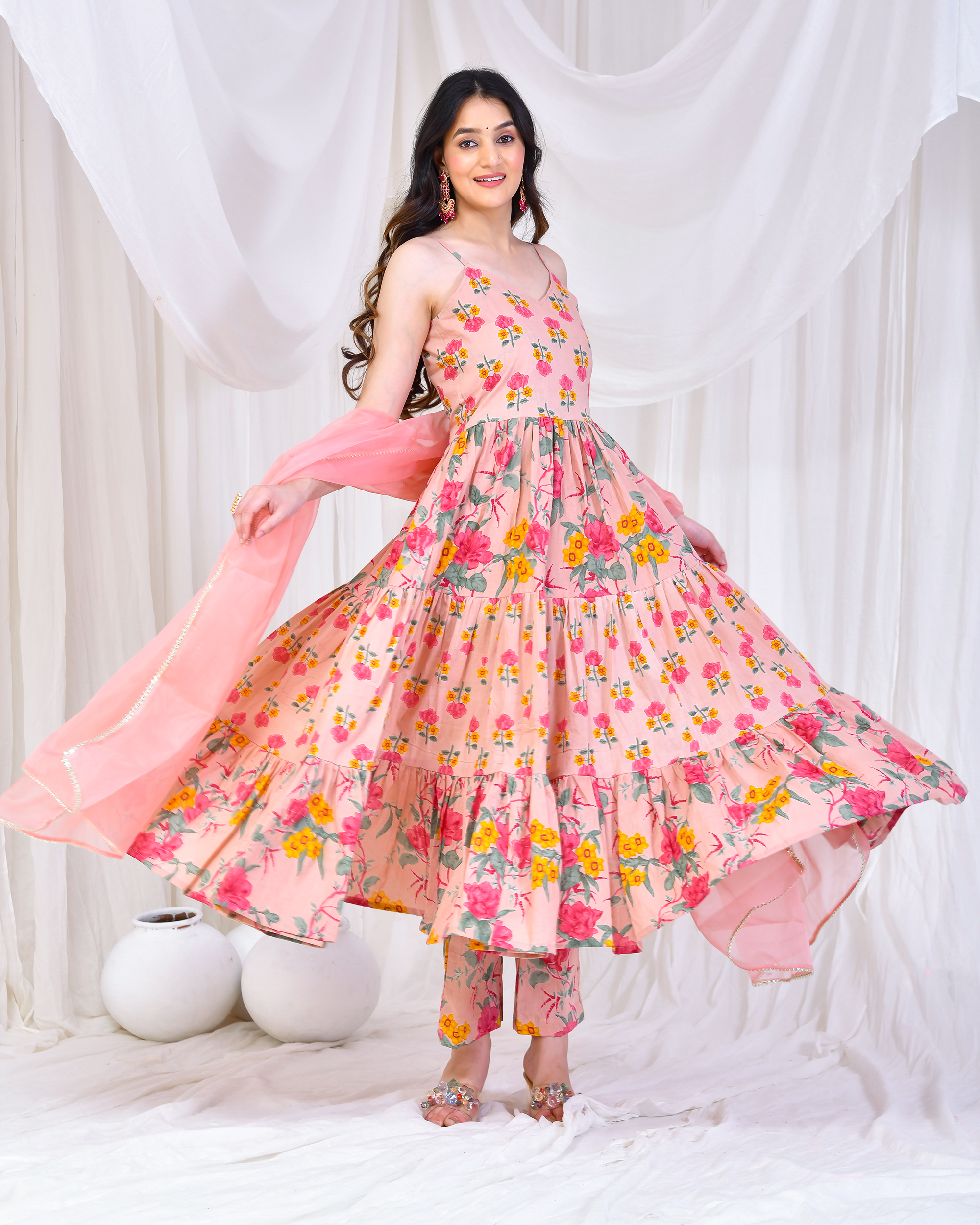 Pink floral printed cotton Anarkali set in Golden Muslin by Priyanka Rathore with flowing flared silhouette