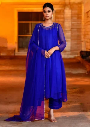 A graceful blue georgette Anarkali with intricate aari embroidery from Golden Muslin by Priyanka Rathore, showcasing artisanal craftsmanship and a fluid silhouette.