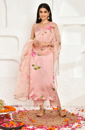 Blush Pink Satin Silk Hand-Painted Kurta Set