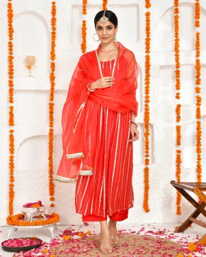Red Georgette Lurex Embroidered Kurta Pant Set