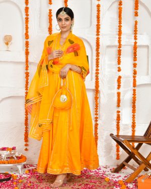 Yellow Cotton Silk And Organza Anarkali Set With Hand Painted Dupatta