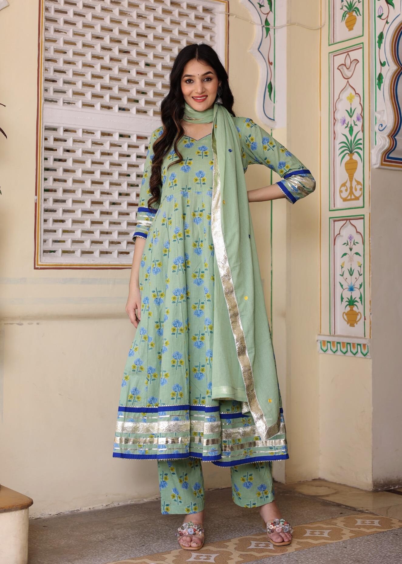 Mint green cotton Anarkali set in Golden Muslin by Priyanka Rathore with delicate gota work
