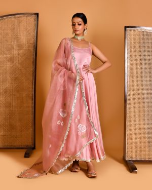 Blush Pink Satin Silk Anarkali Set With Hand-Painted Organza