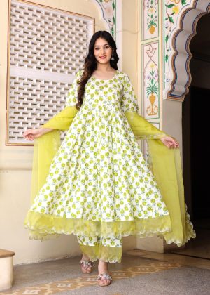 Ivory Hand Block Printed Anarkali Set with Soft Lemon Yellow Embroidery