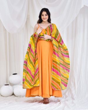 Orange Cotton Silk Anarkali Set with Multicolour Doriya Dupatta