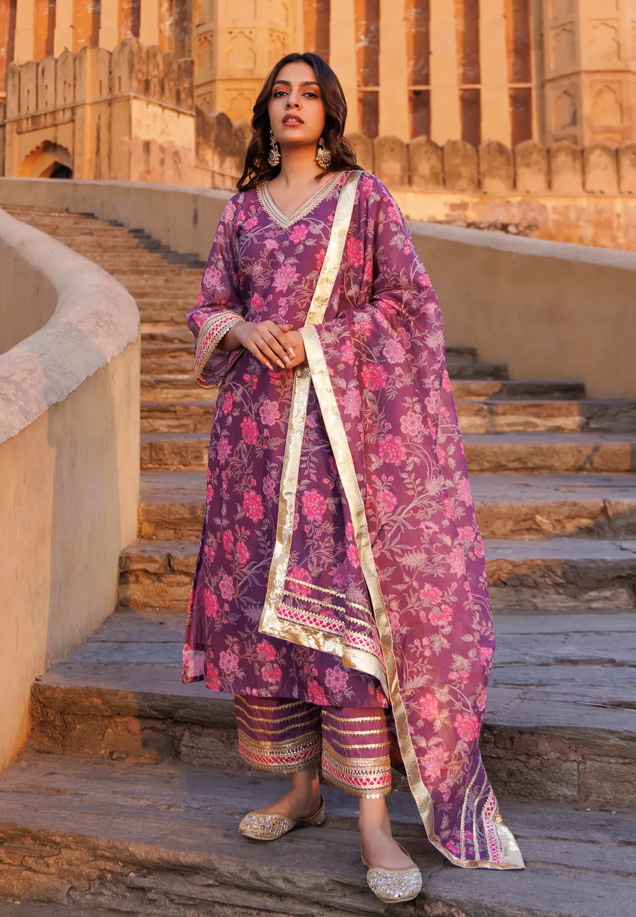 Purple Chanderi kurta set with floral print, gota accents and subtle sequins from Golden Muslin by Priyanka Rathore