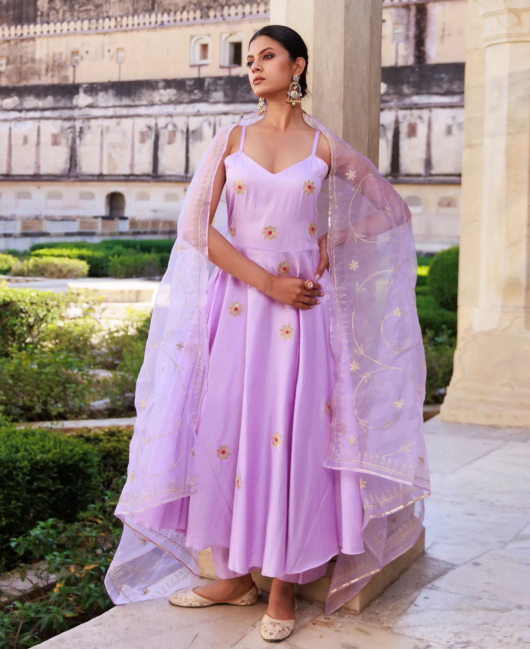 Lavender cotton silk Anarkali set with strappy silhouette, gota patti appliqué, and organza dupatta from Golden Muslin by Priyanka Rathore