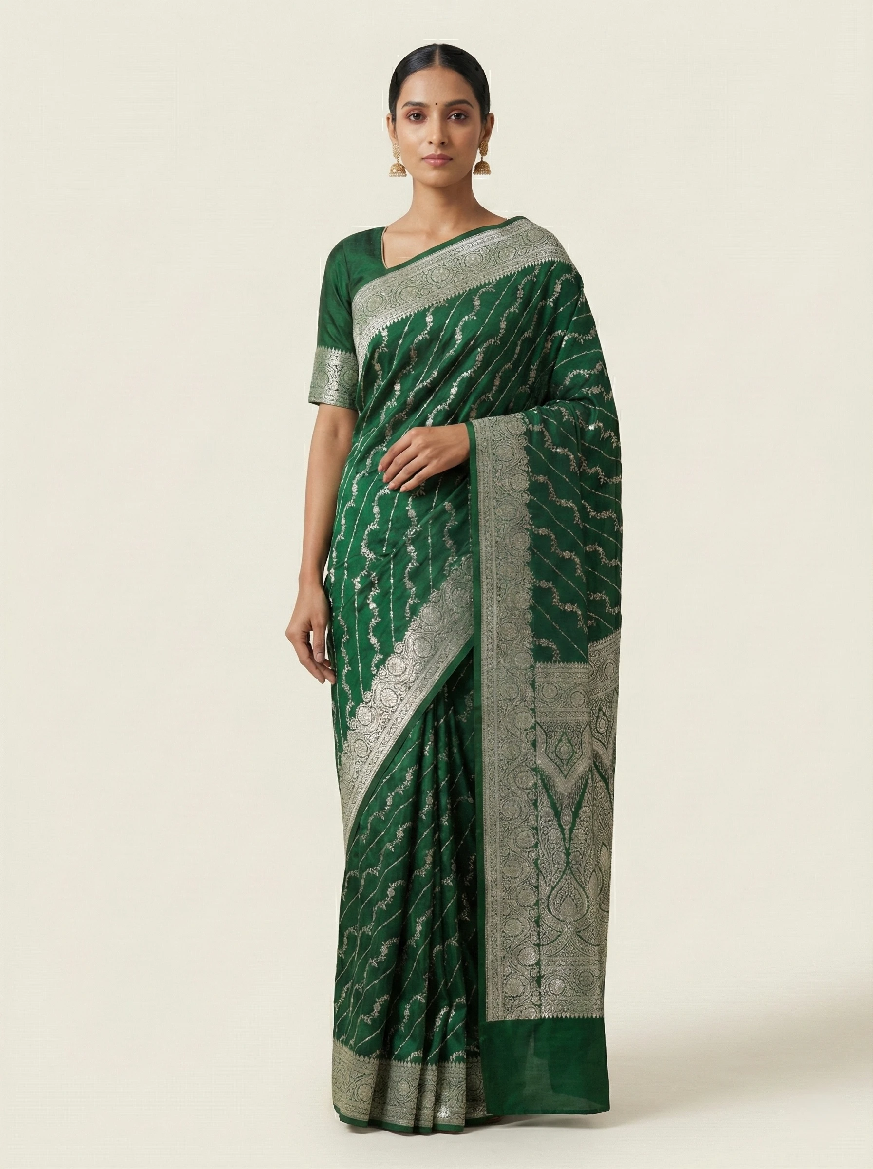 Bottle green Banarasi Mashroo silk saree handwoven in Varanasi from Golden Muslin By Naaritva Banaras