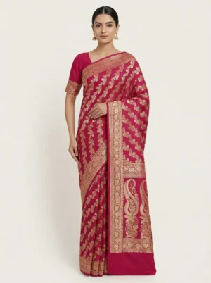 Rani Banarasi Mashroo silk saree handwoven in Varanasi from Golden Muslin By Naaritva Banaras
