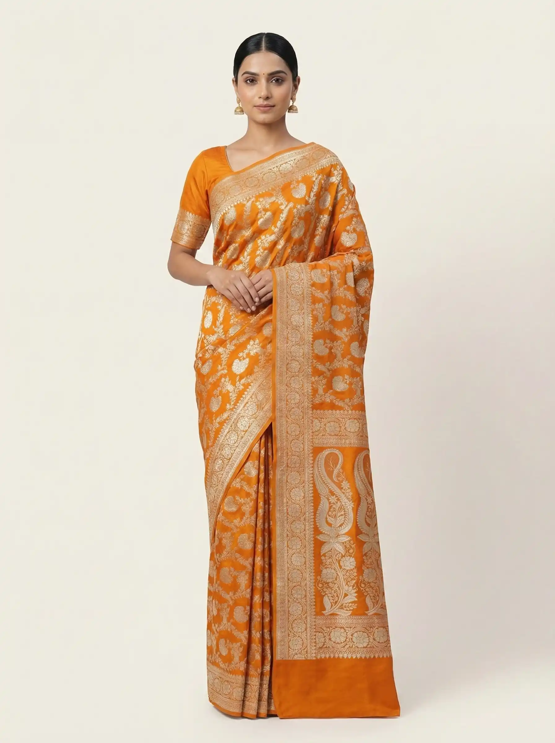 Mustard Banarasi Mashroo silk saree handwoven in Varanasi from Golden Muslin By Naaritva Banaras