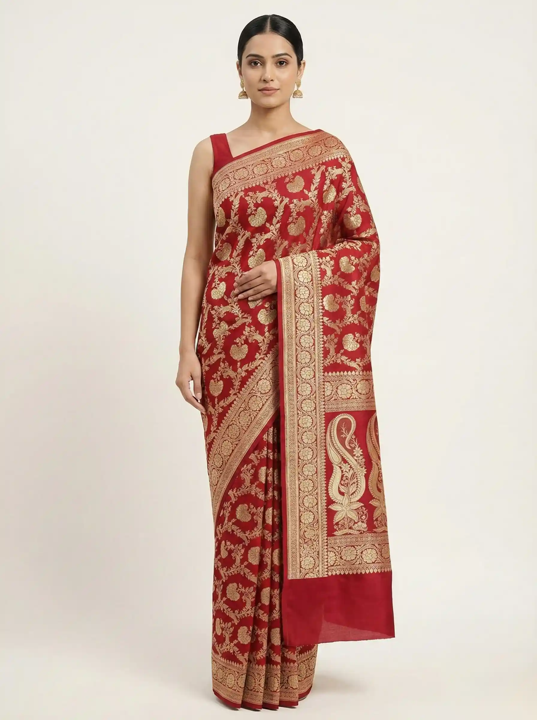 Maroon Banarasi Mashroo Silk Saree Handwoven in Varanasi from Golden Muslin By Naaritva Banaras