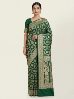 Bottle green Banarasi Mashroo silk saree handwoven in Varanasi from Golden Muslin By Naaritva Banaras