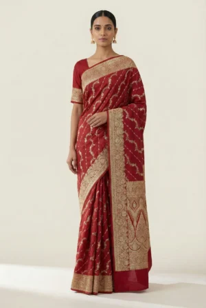 Crimson Red Banarasi Silk Saree with Gold Zari Wave Pattern from Golden Muslin By Naaritva Banaras