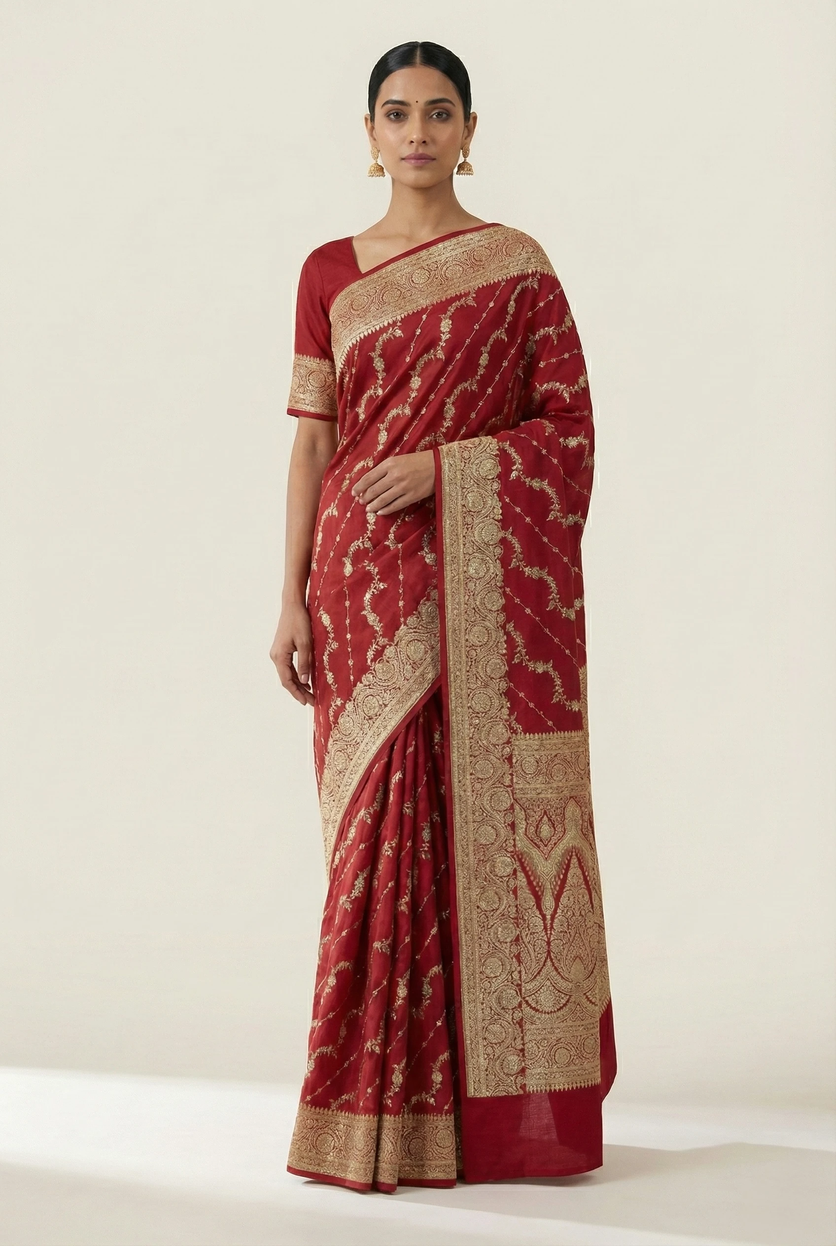 Crimson Red Banarasi Silk Saree with Gold Zari Wave Pattern from Golden Muslin By Naaritva Banaras