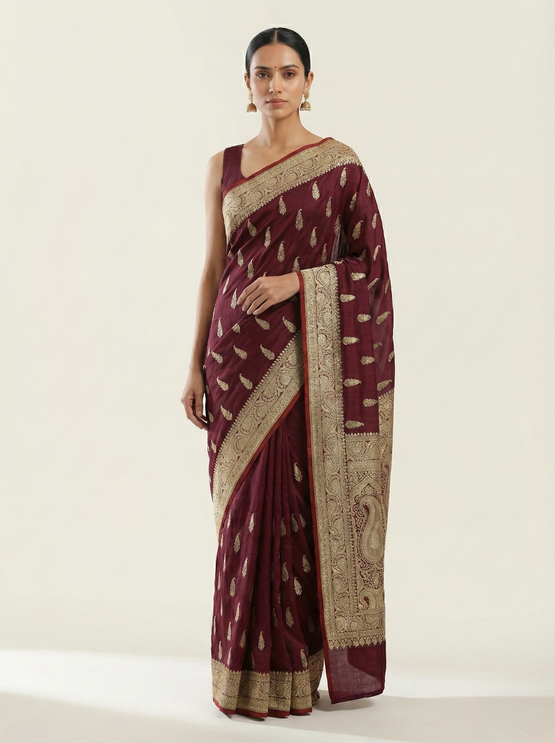 Garnet Banarasi silk saree handwoven in Varanasi with rich luster from Golden Muslin By Naaritva Banaras