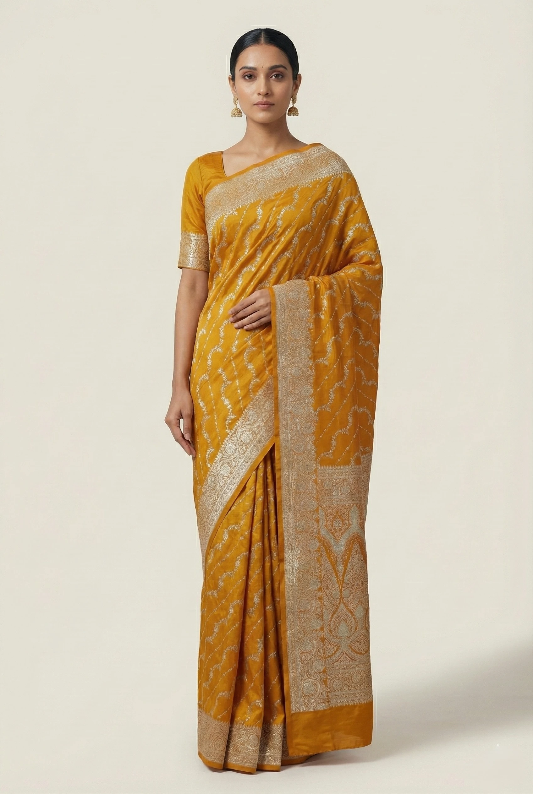 Mustard Banarasi Silk Saree Handwoven in Varanasi from Golden Muslin By Naaritva Banaras