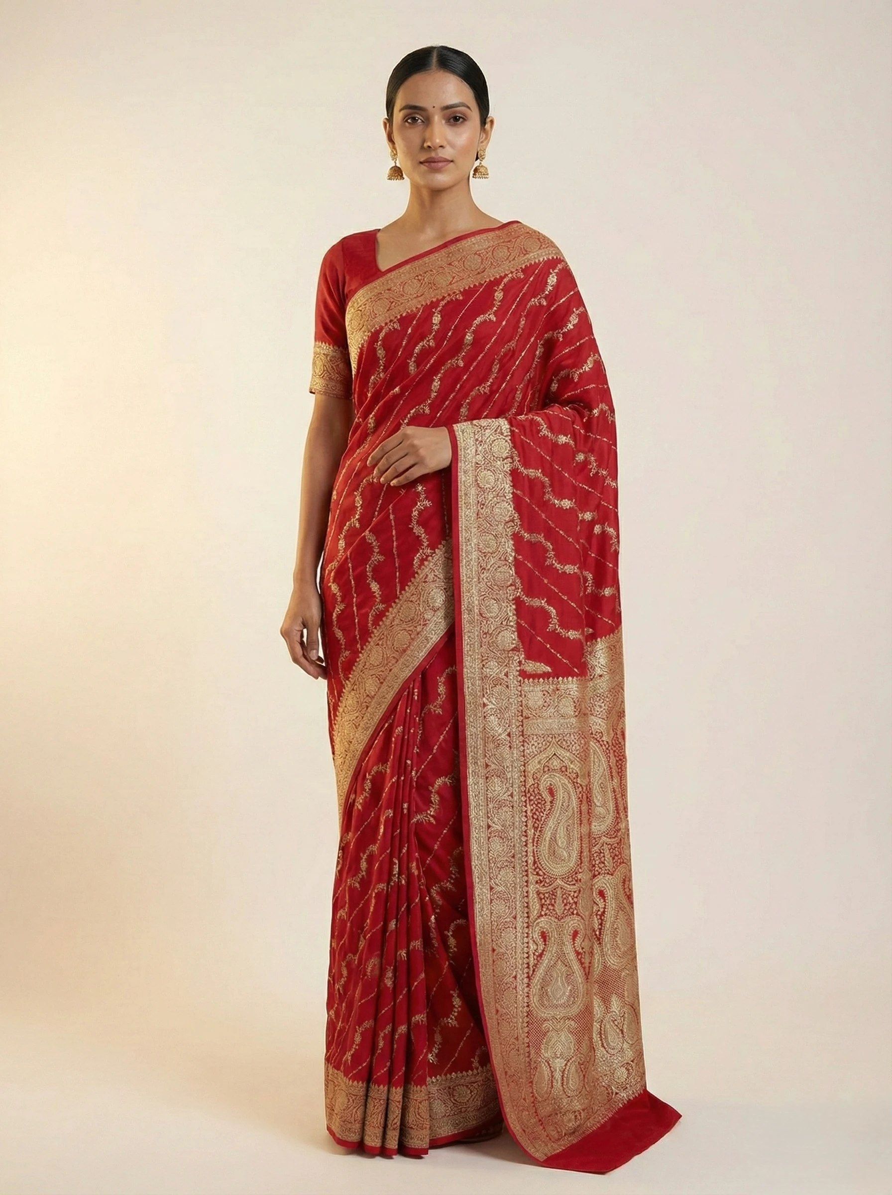 Red Banarasi silk saree handwoven in Varanasi from Golden Muslin By Naaritva Banaras