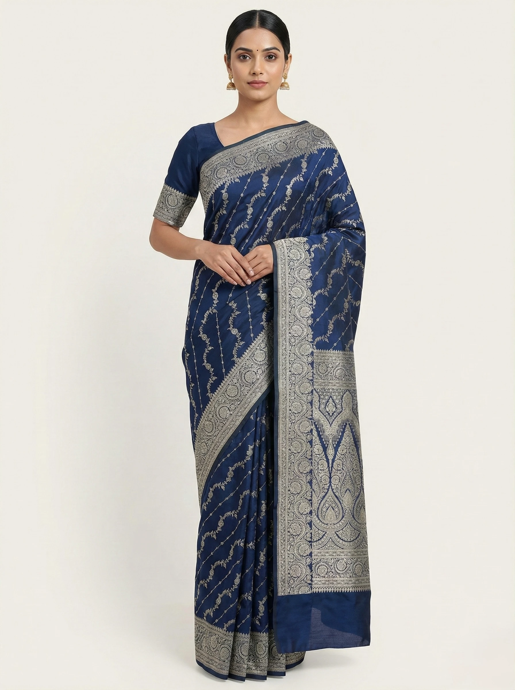 Navy blue Banarasi Mashroo silk saree handwoven in Varanasi from Golden Muslin By Naaritva Banaras