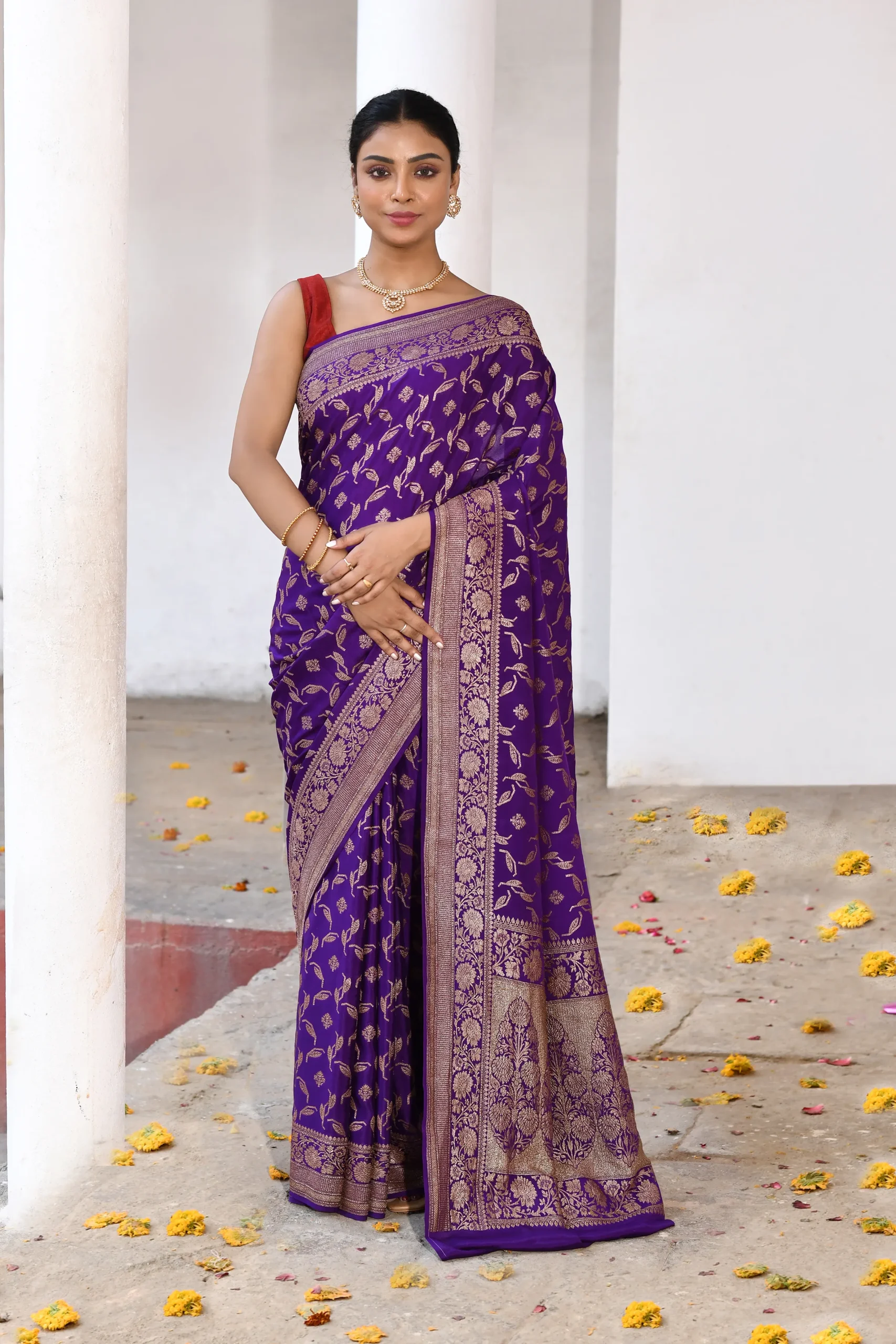 Royal purple Banarasi silk saree handwoven with gold zari traditional jaal from Golden Muslin by Naaritva Banaras