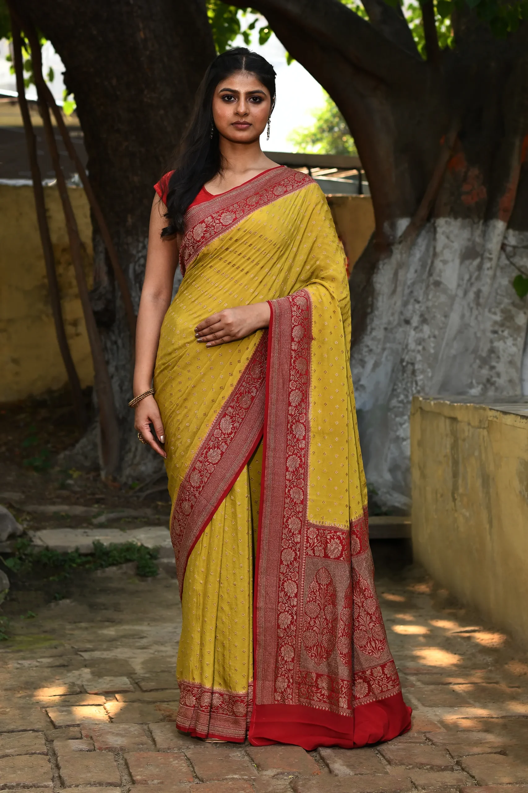 Mustard yellow silk saree with gold zari buti from Golden Muslin by Naaritva Banaras