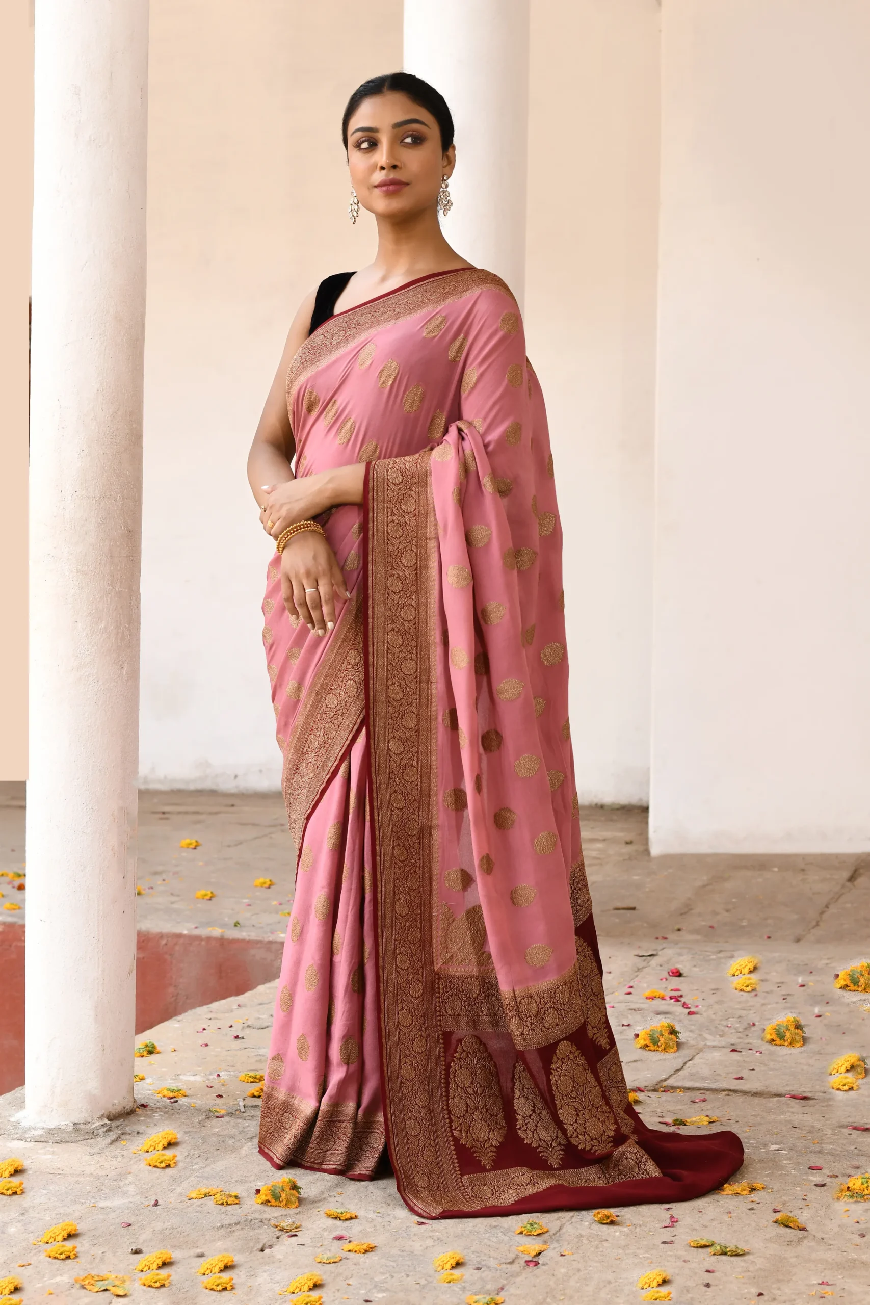 Nude Pink Banarasi Silk Saree with Gold Zari Buta from Golden Muslin By Naaritva Banaras