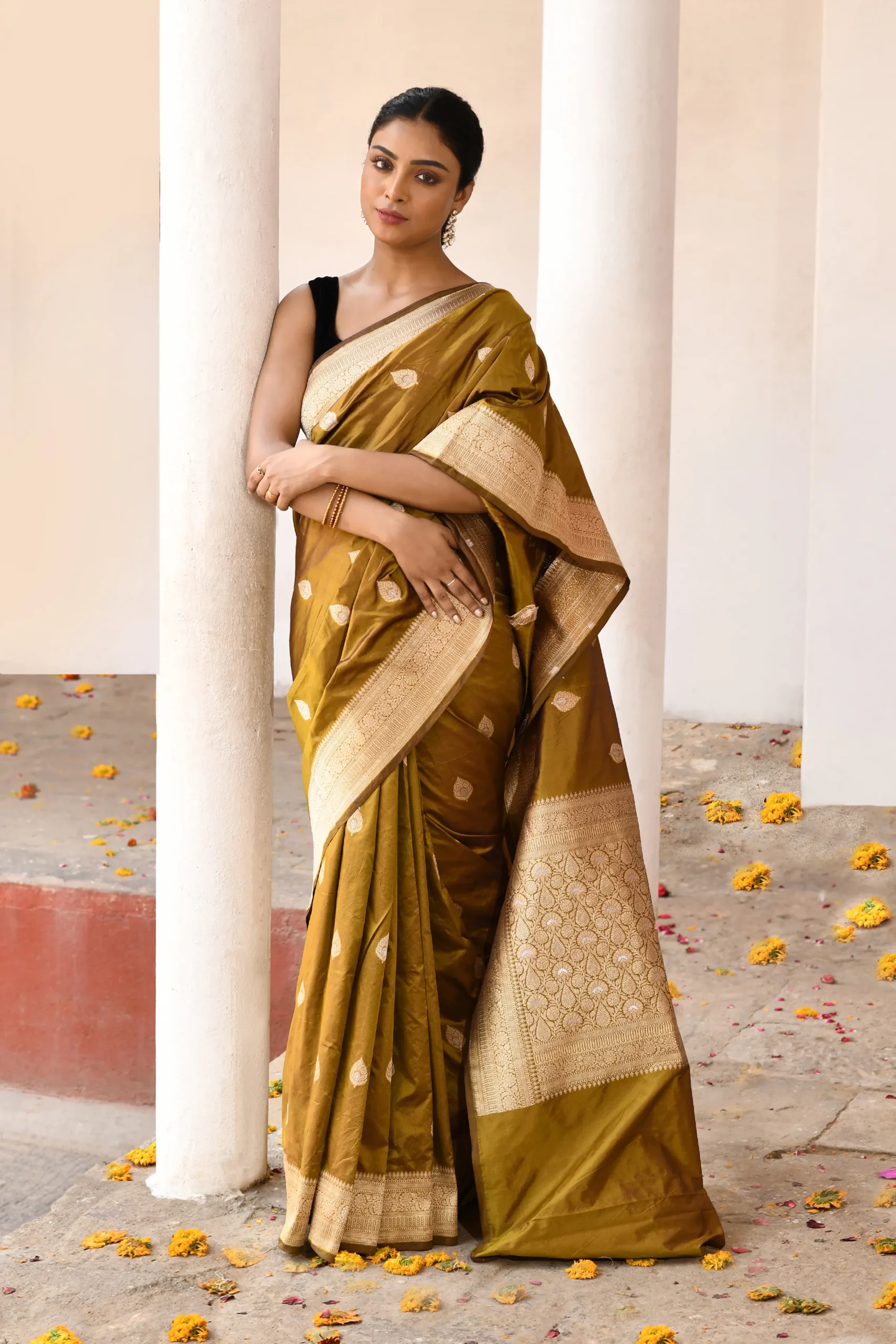 Olive Gold Banarasi Katan Silk Saree with Gold Zari Buta from Golden Muslin By Naaritva Banaras