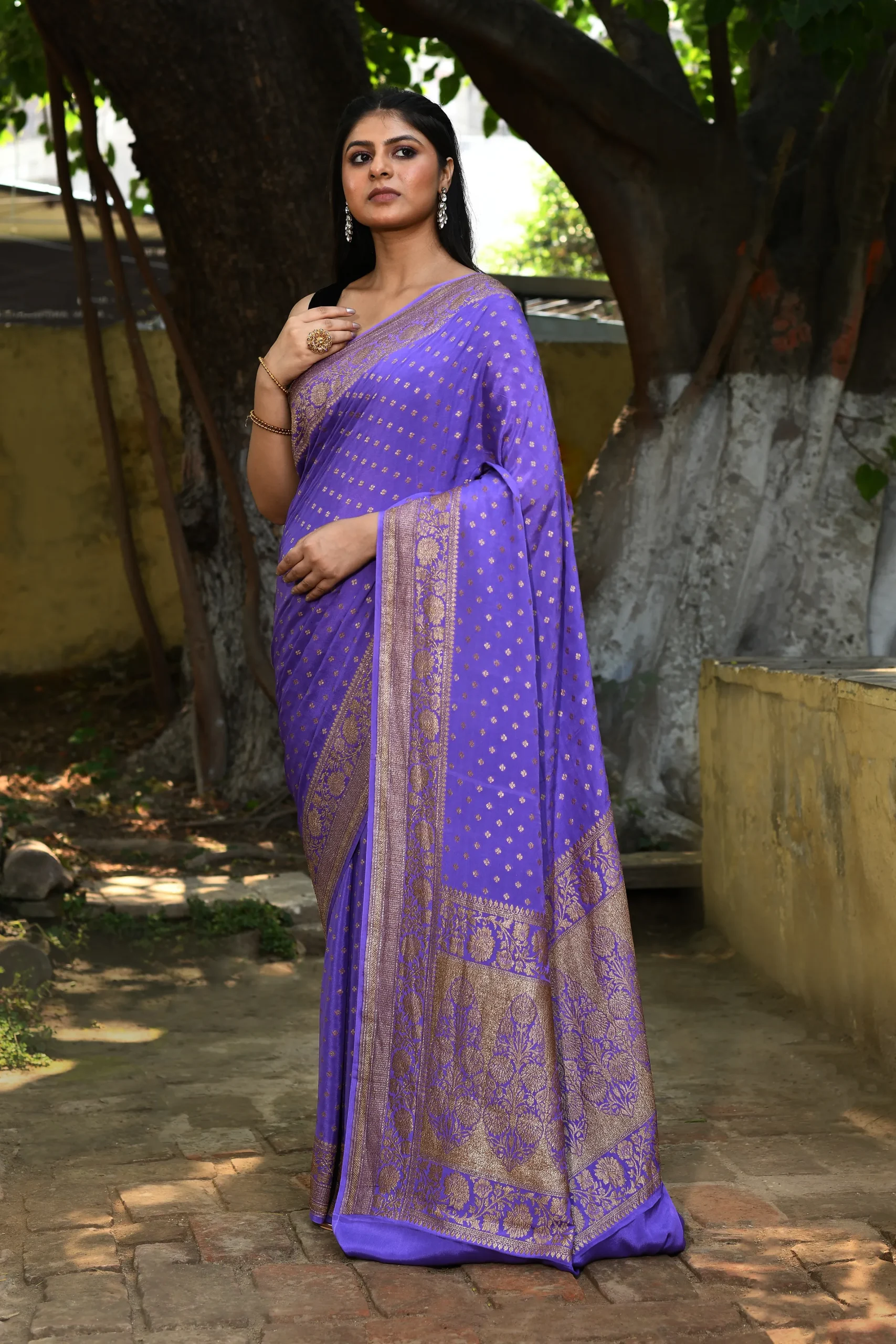 Lavender Banarasi Silk Saree with Gold Zari Buti from Golden Muslin By Naaritva Banaras