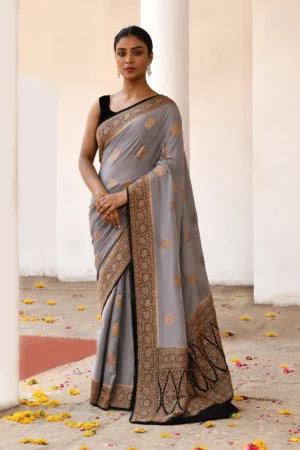 Grey Banarasi Silk Saree with Gold Zari Buta from Golden Muslin By Naaritva Banaras