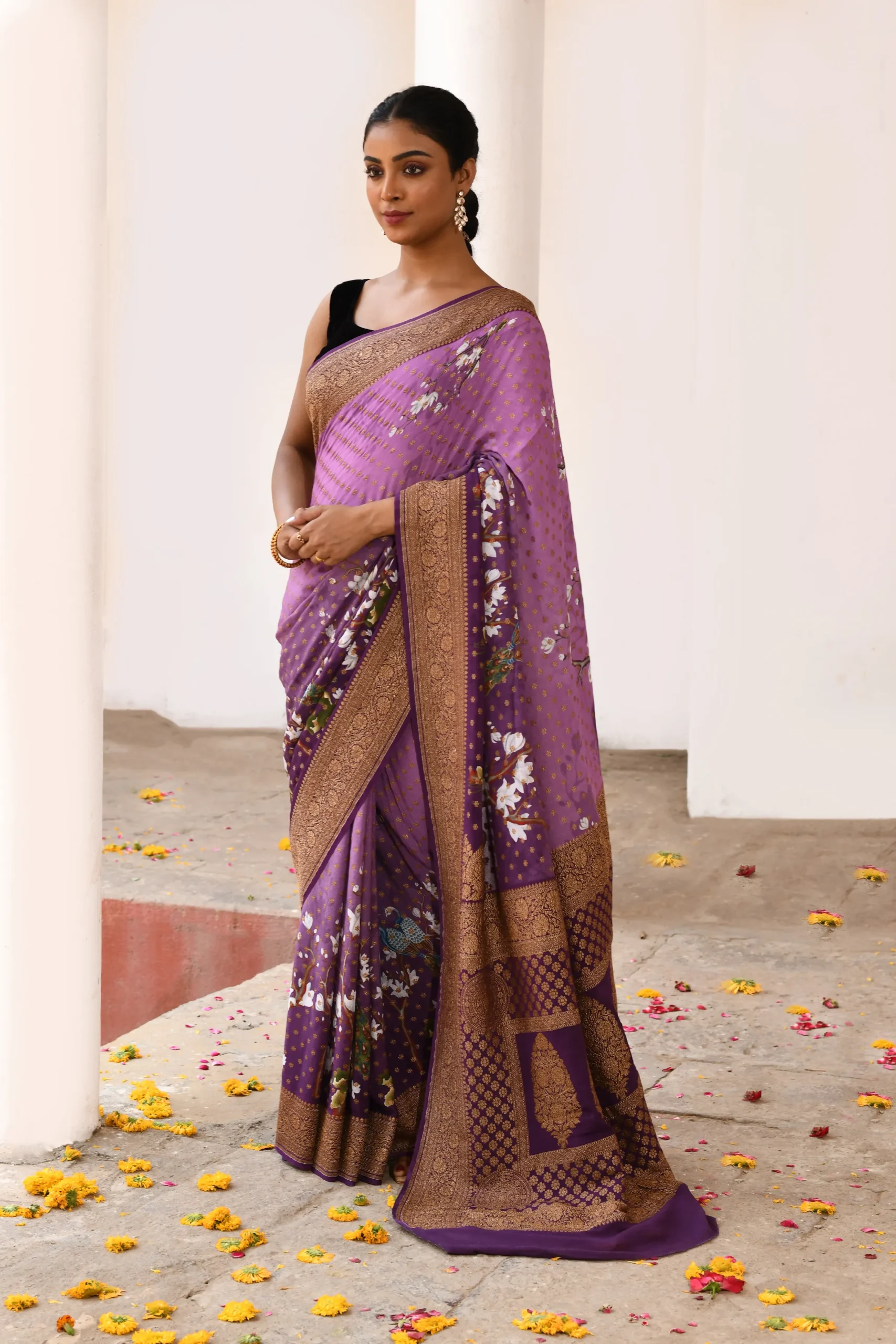 Plum Purple Banarasi Silk Saree with Gold Zari Buti from Golden Muslin By Naaritva Banaras