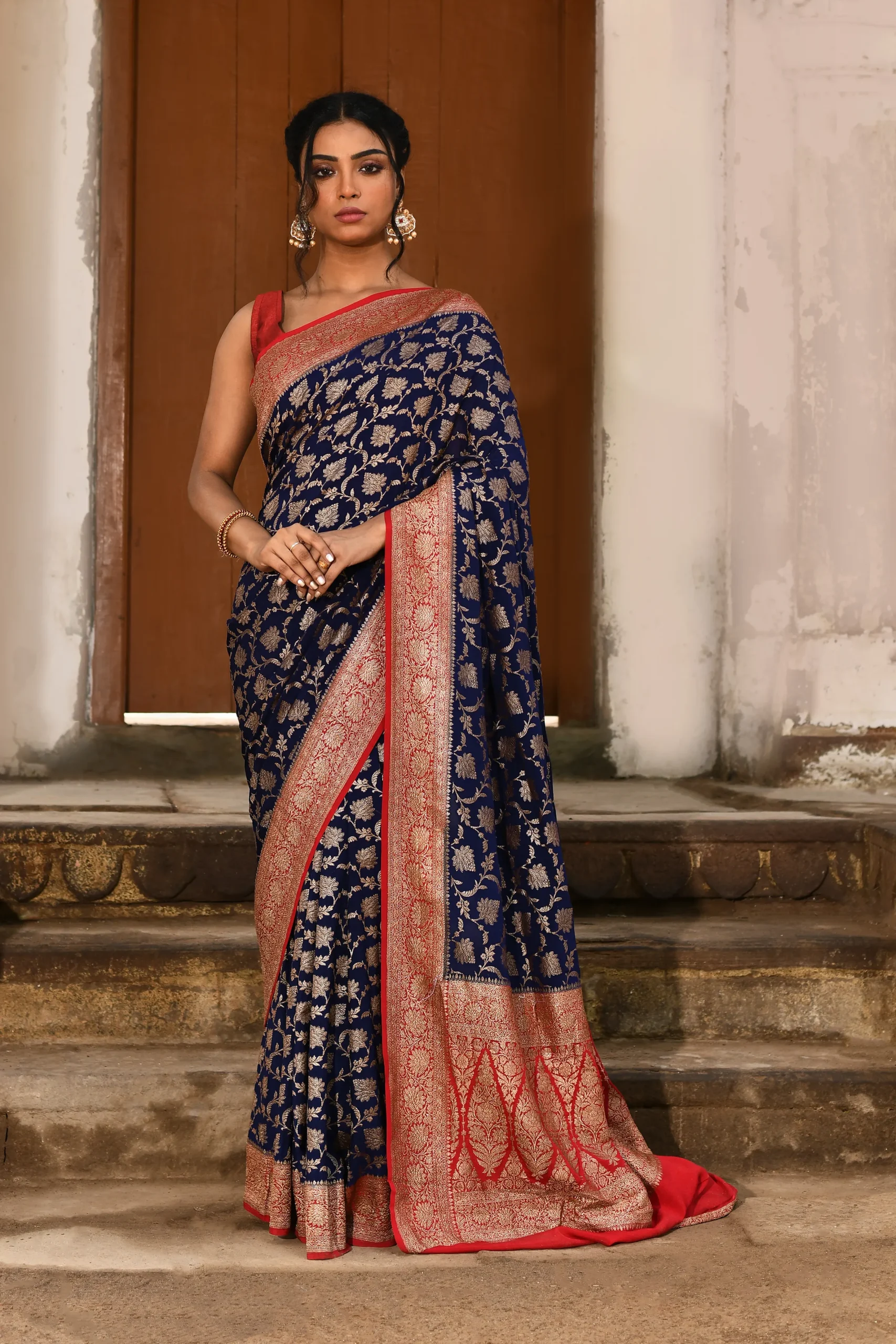 Navy Blue Banarasi Silk Saree with Gold Zari Flower Jaal from Golden Muslin By Naaritva Banaras