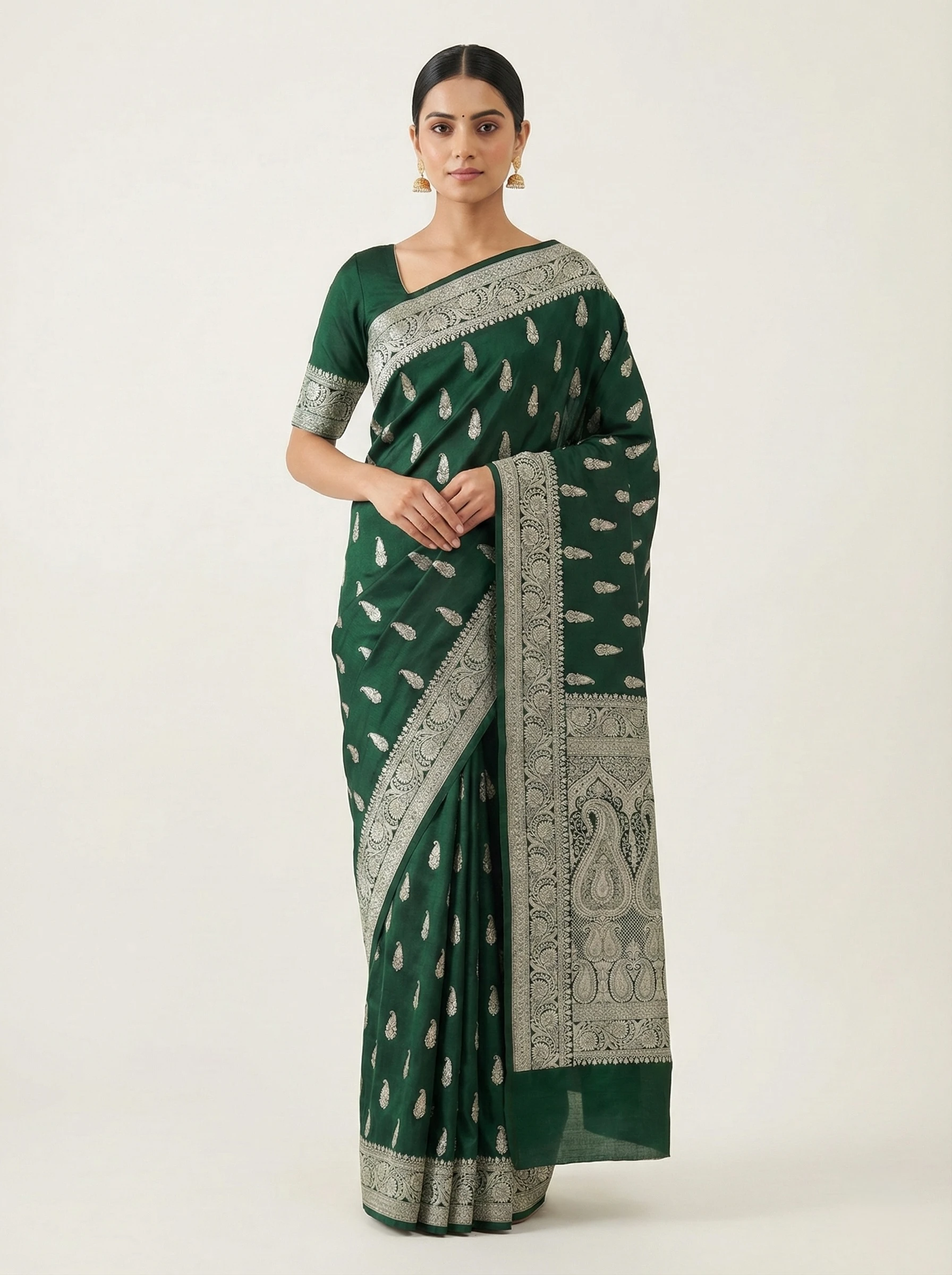 Emerald Green Banarasi Mashroo Silk Saree with Silver Zari from Golden Muslin By Naaritva Banaras