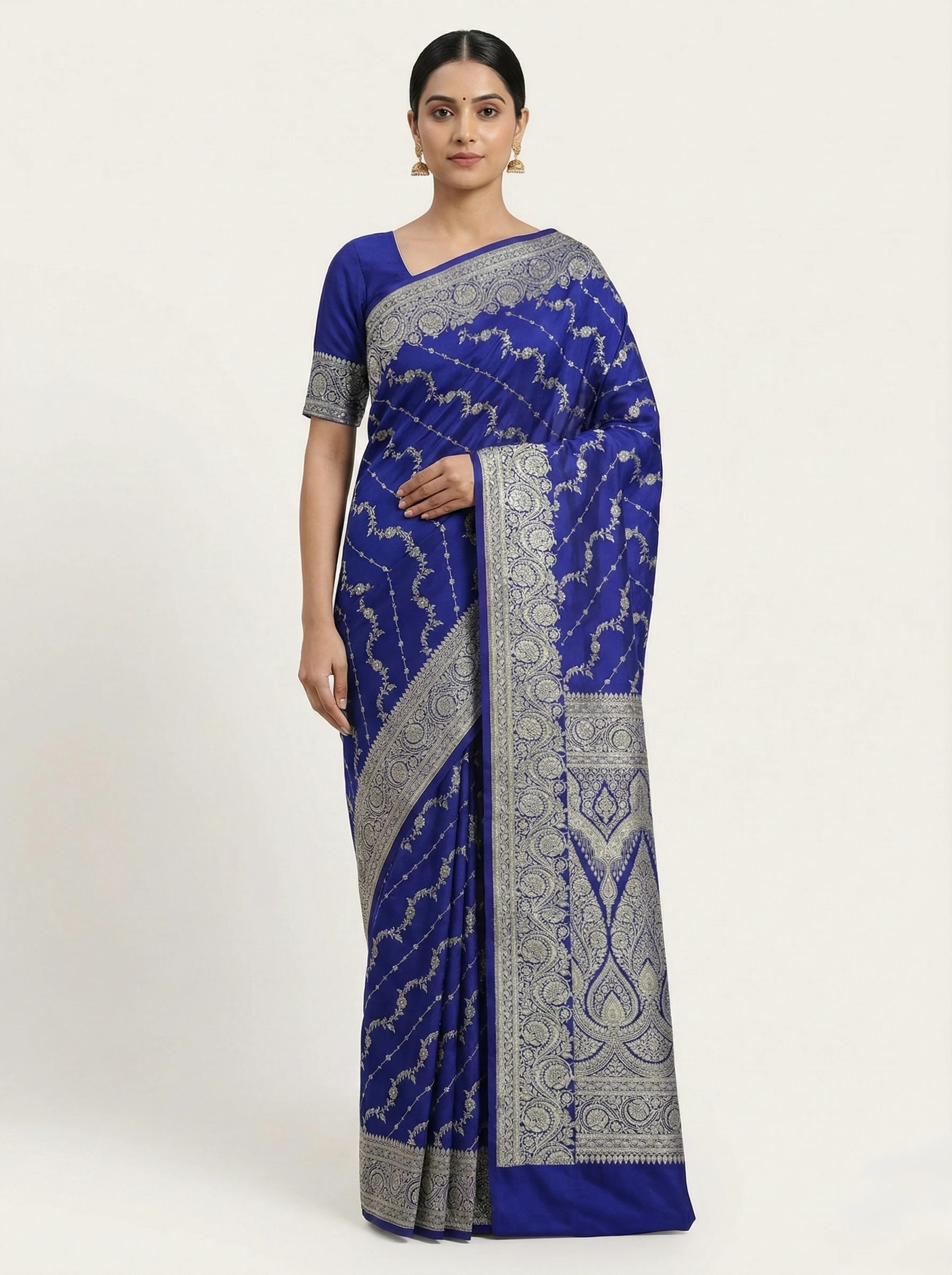 Royal Blue Banarasi Silk Saree with Silver Zari from Golden Muslin By Naaritva Banaras