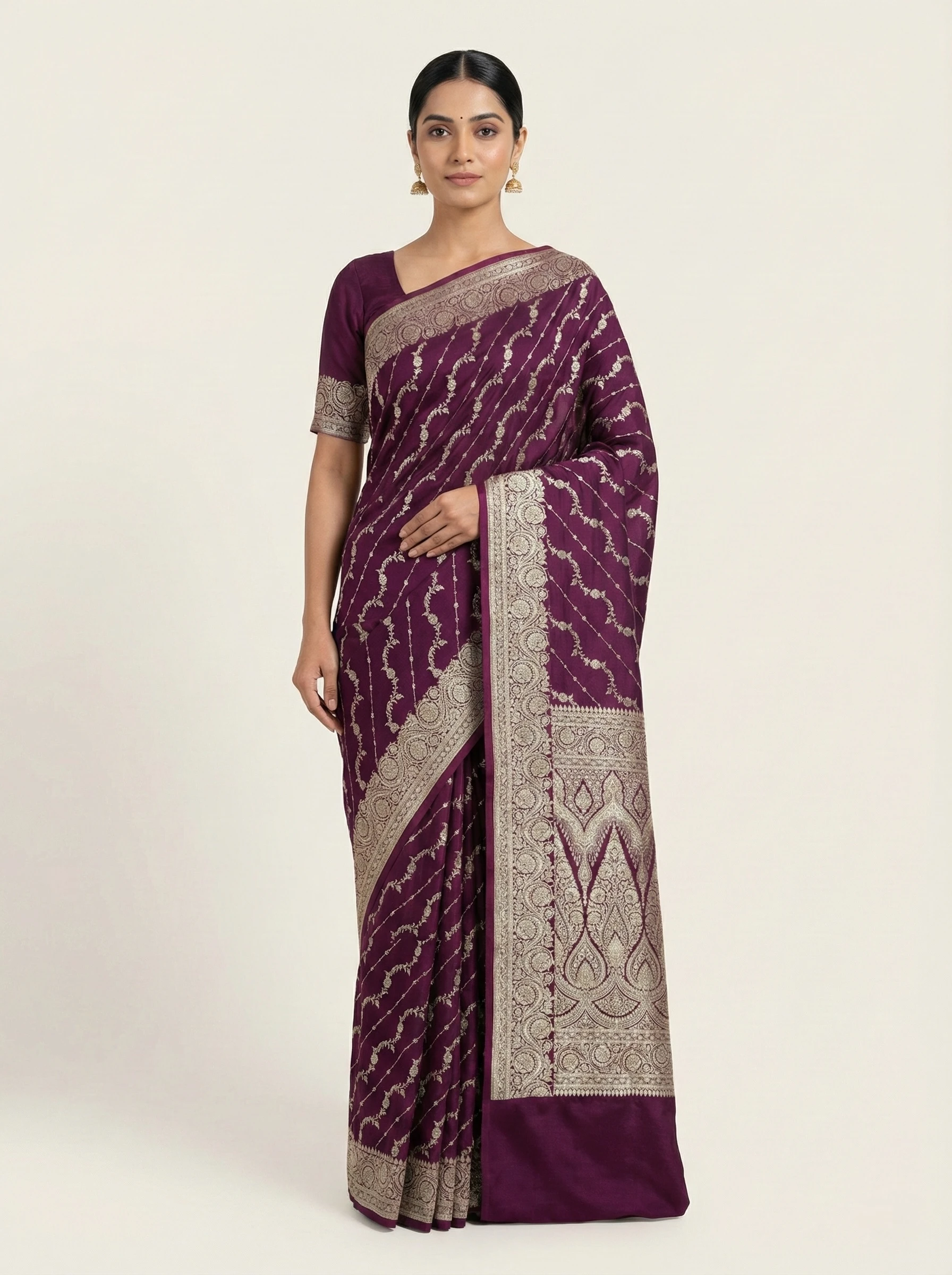 Wine Banarasi silk saree with ikat inspired print and beige border from Golden Muslin By Naaritva Banaras