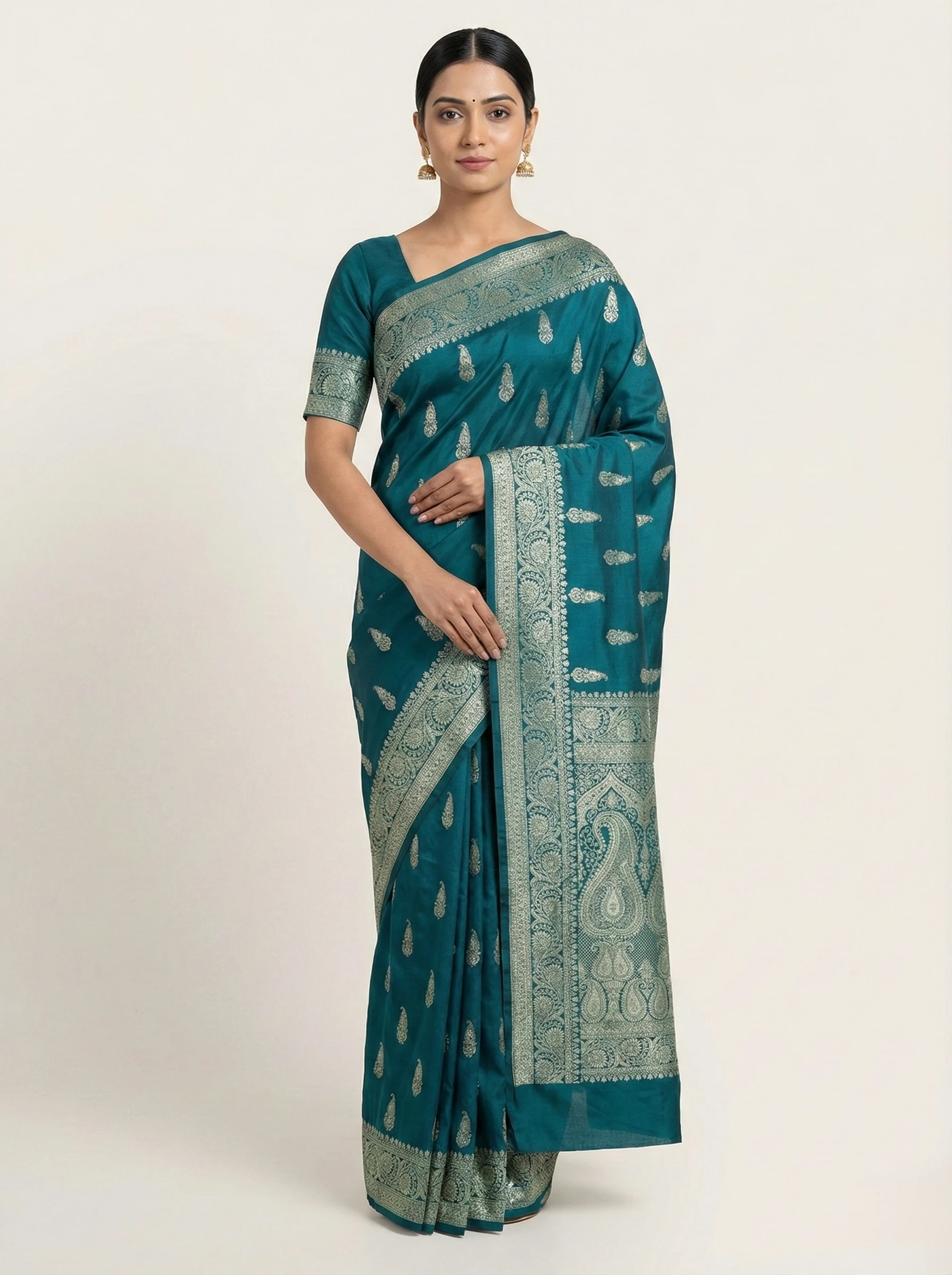 Rama teal Banarasi silk saree with intricate zari work handwoven in Varanasi from Golden Muslin By Naaritva Banaras