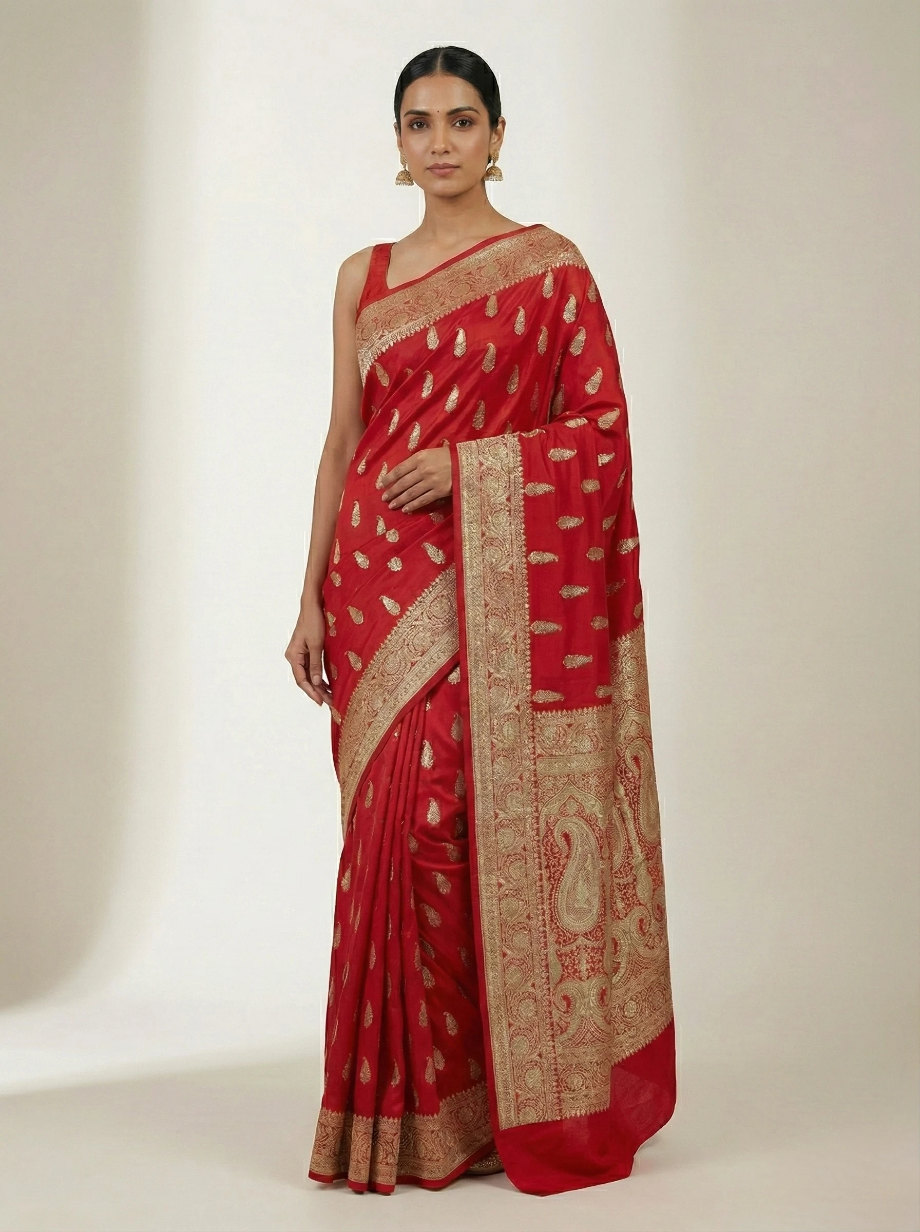 Red Banarasi Mashroo silk saree handwoven in Varanasi from Golden Muslin By Naaritva Banaras