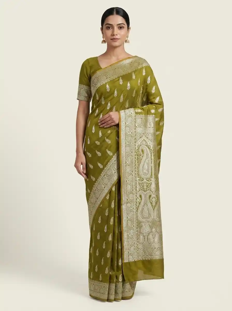 Pista Green Banarasi Mashroo Silk Saree Handwoven in Varanasi from Golden Muslin By Naaritva Banaras