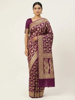 Wine Mashroo Silk Saree handwoven in Varanasi showcasing Banarasi craftsmanship from Golden Muslin by Naaritva Banaras