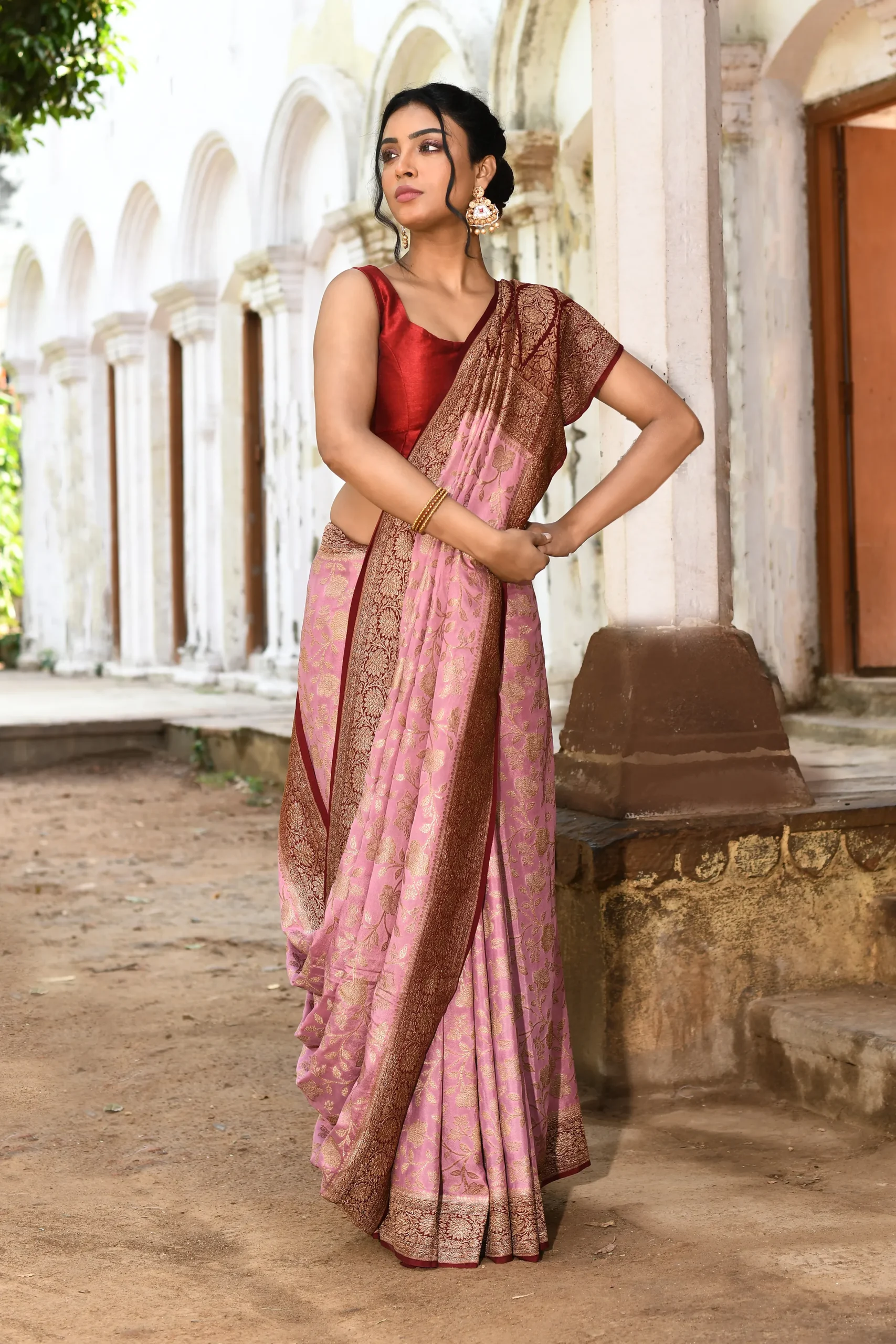 Nude Pink Banarasi Silk Saree with Gold Zari Flower Jaal from Golden Muslin By Naaritva Banaras