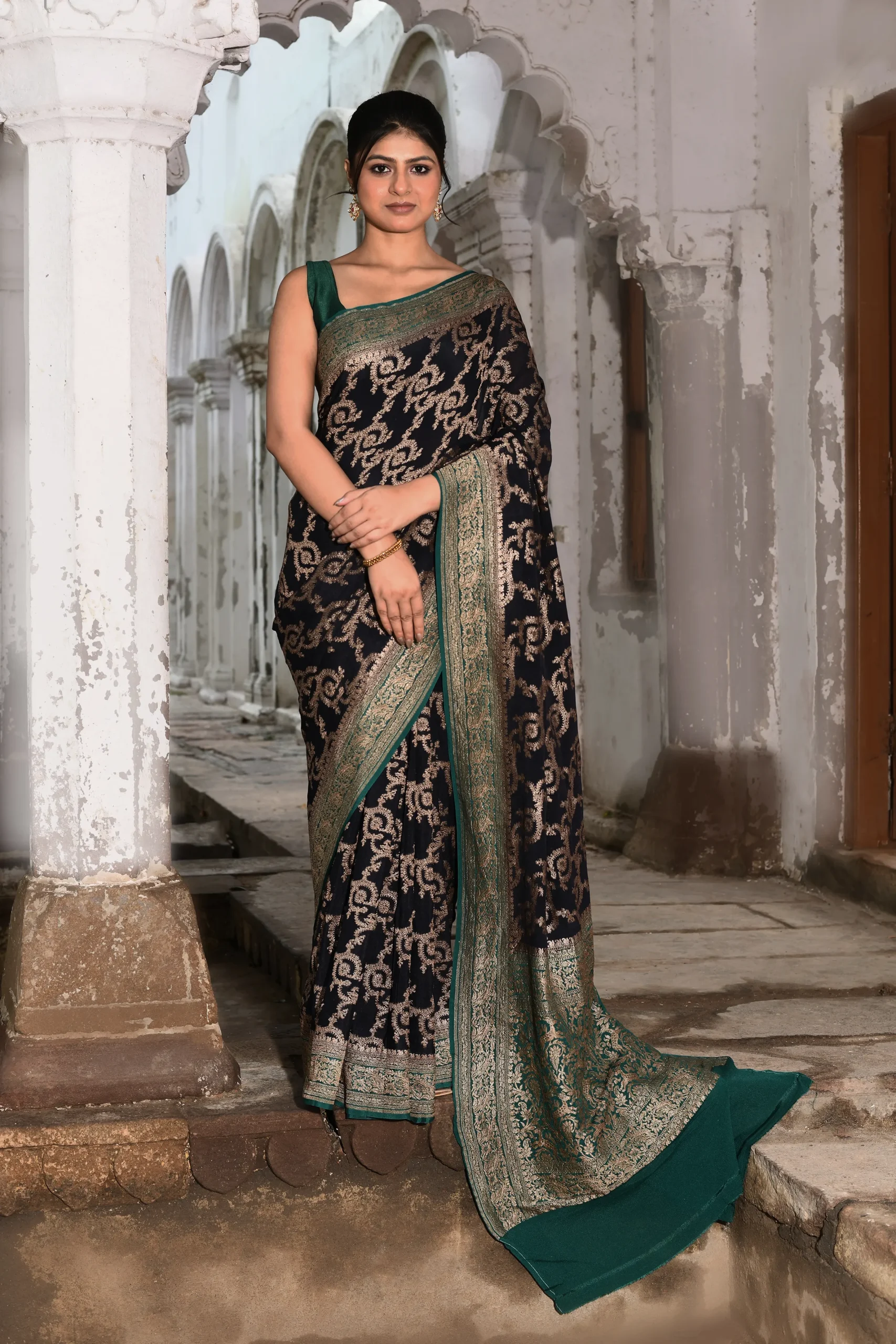 Navy Blue Banarasi Silk Saree with Gold Zari Jaal from Golden Muslin By Naaritva Banaras