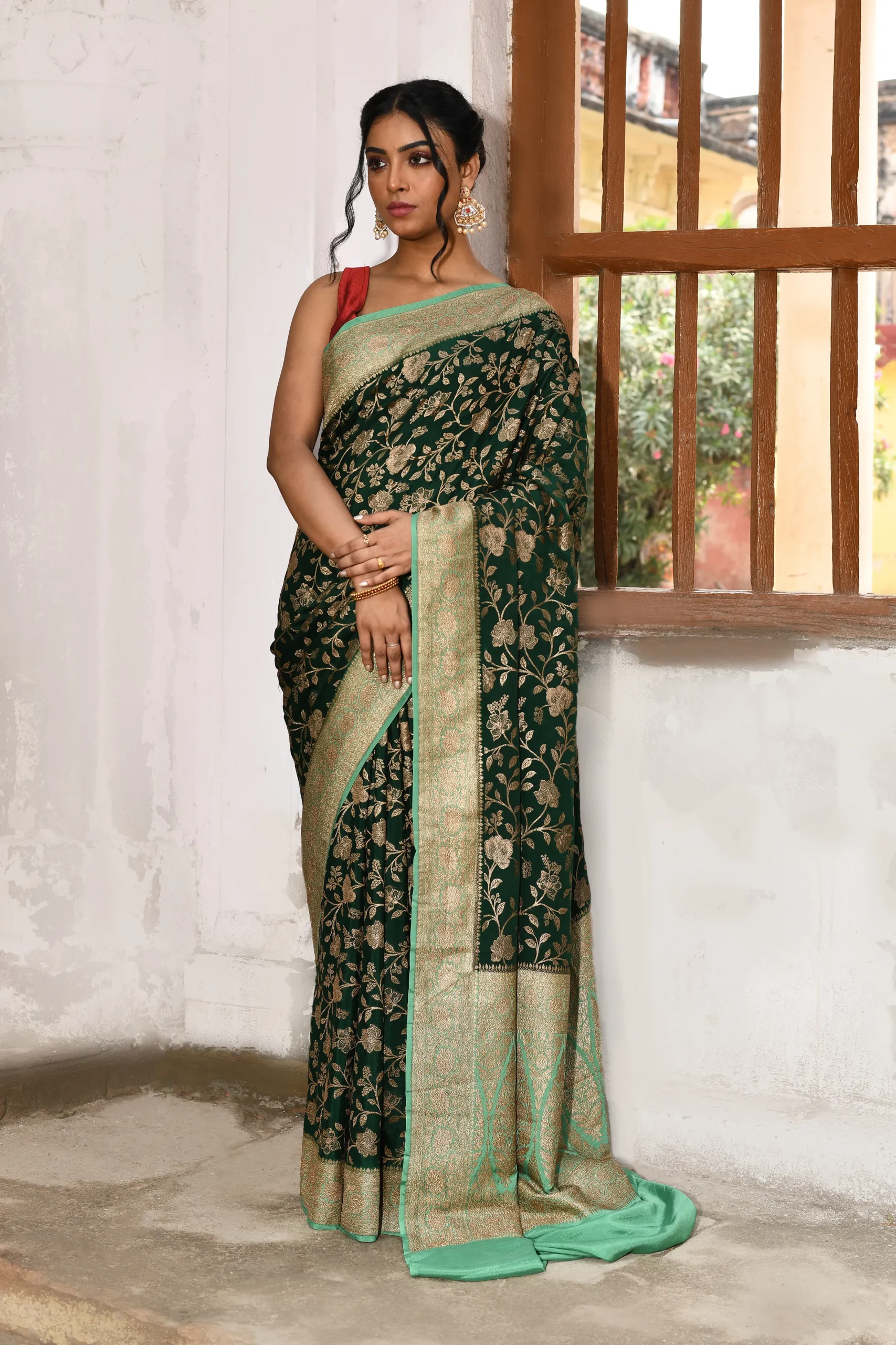 Dark Forest Green Banarasi Silk Saree with Gold Zari Jaal from Golden Muslin By Naaritva Banaras