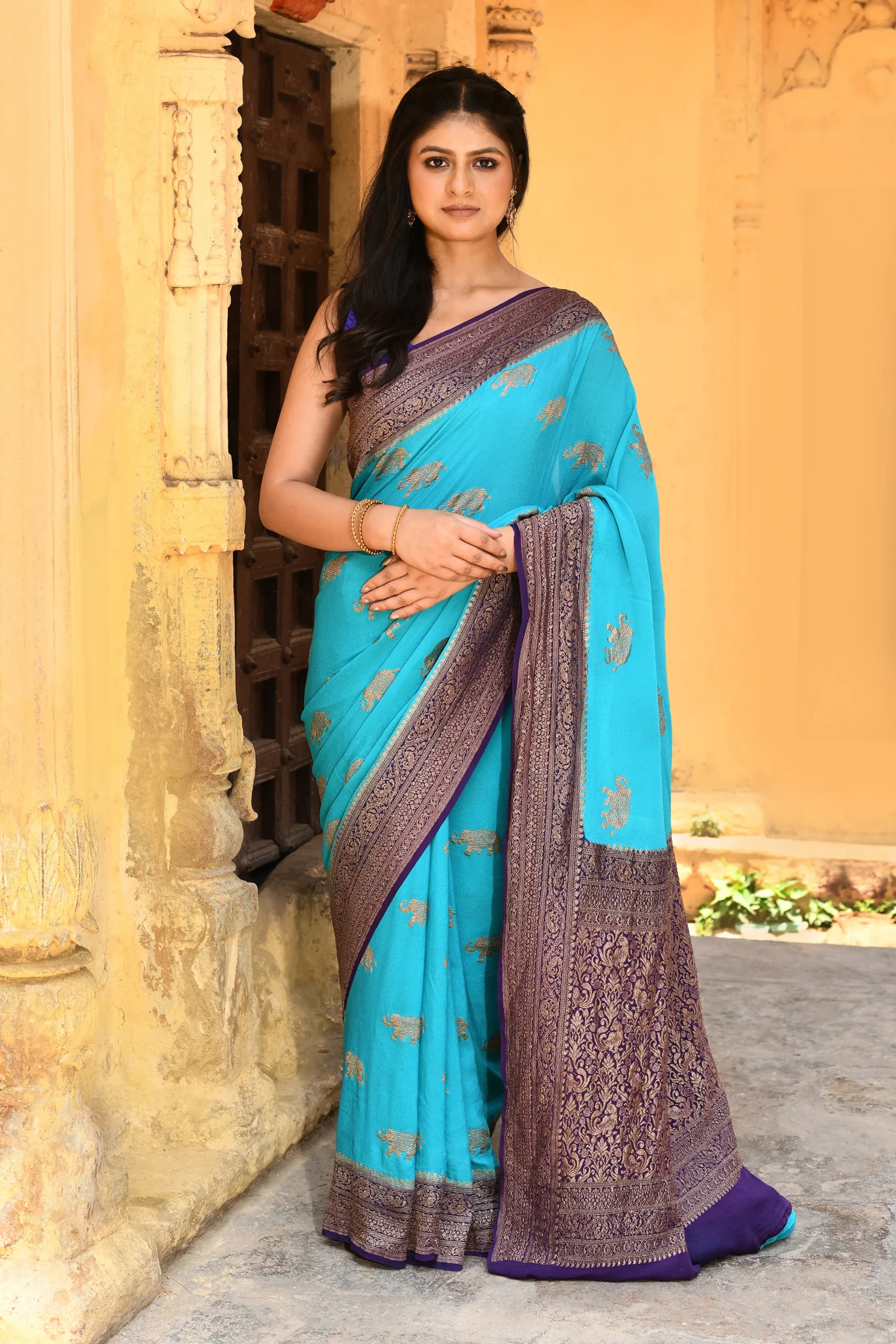Sky Blue Banarasi Saree with Gold Zari Buta Motifs from Golden Muslin By Naaritva Banaras