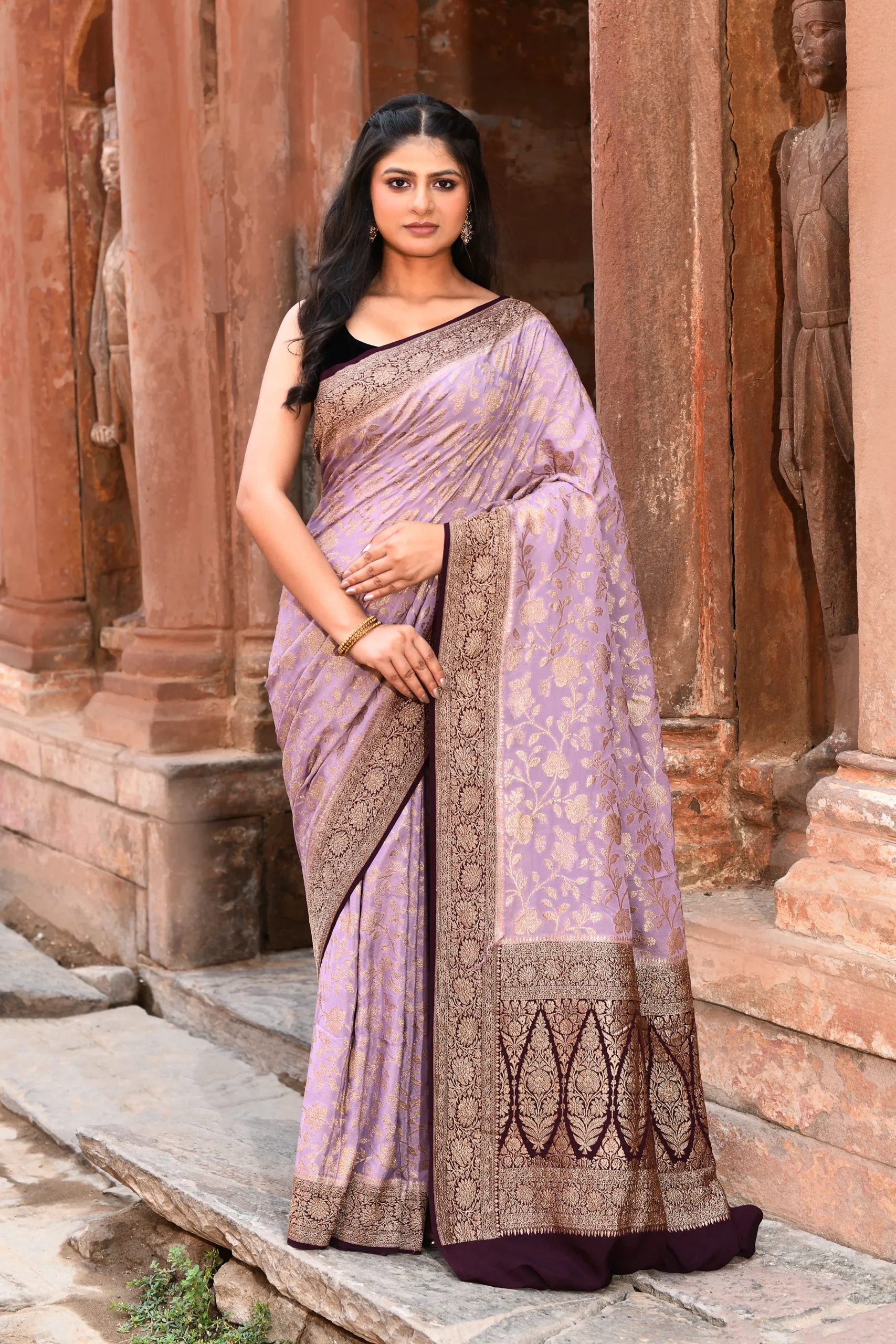 Nude Pink Banarasi Silk Saree with Gold Zari Leaf Jaal from Golden Muslin By Naaritva Banaras