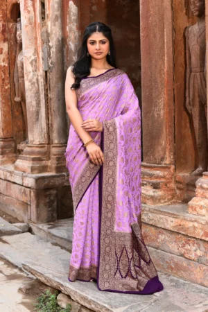 Lavender Banarasi Silk Saree with Gold Zari Leaf Jaal from Golden Muslin By Naaritva Banaras