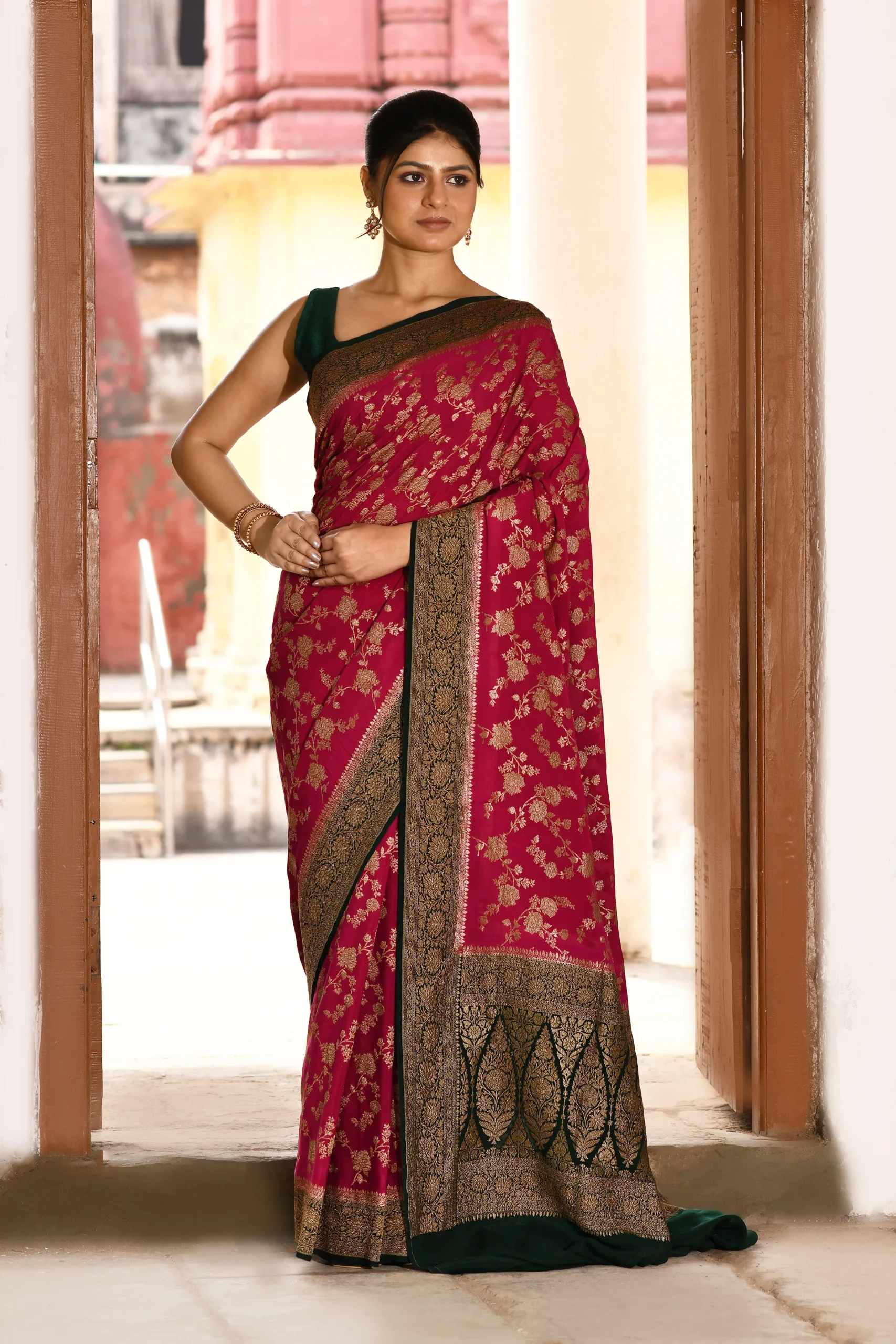Crimson Red Banarasi Silk Saree with Gold Zari Jaal Buta from Golden Muslin By Naaritva Banaras