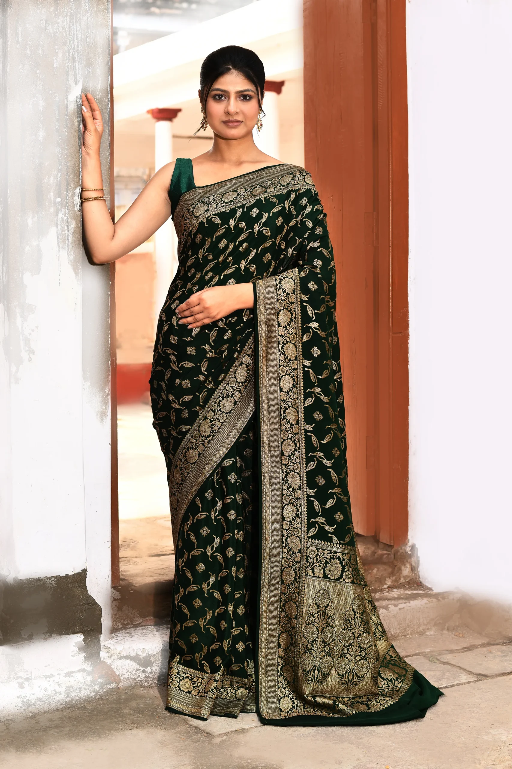 Dark Bottle Green Banarasi Silk Saree with Gold Zari Jaal from Golden Muslin By Naaritva Banaras